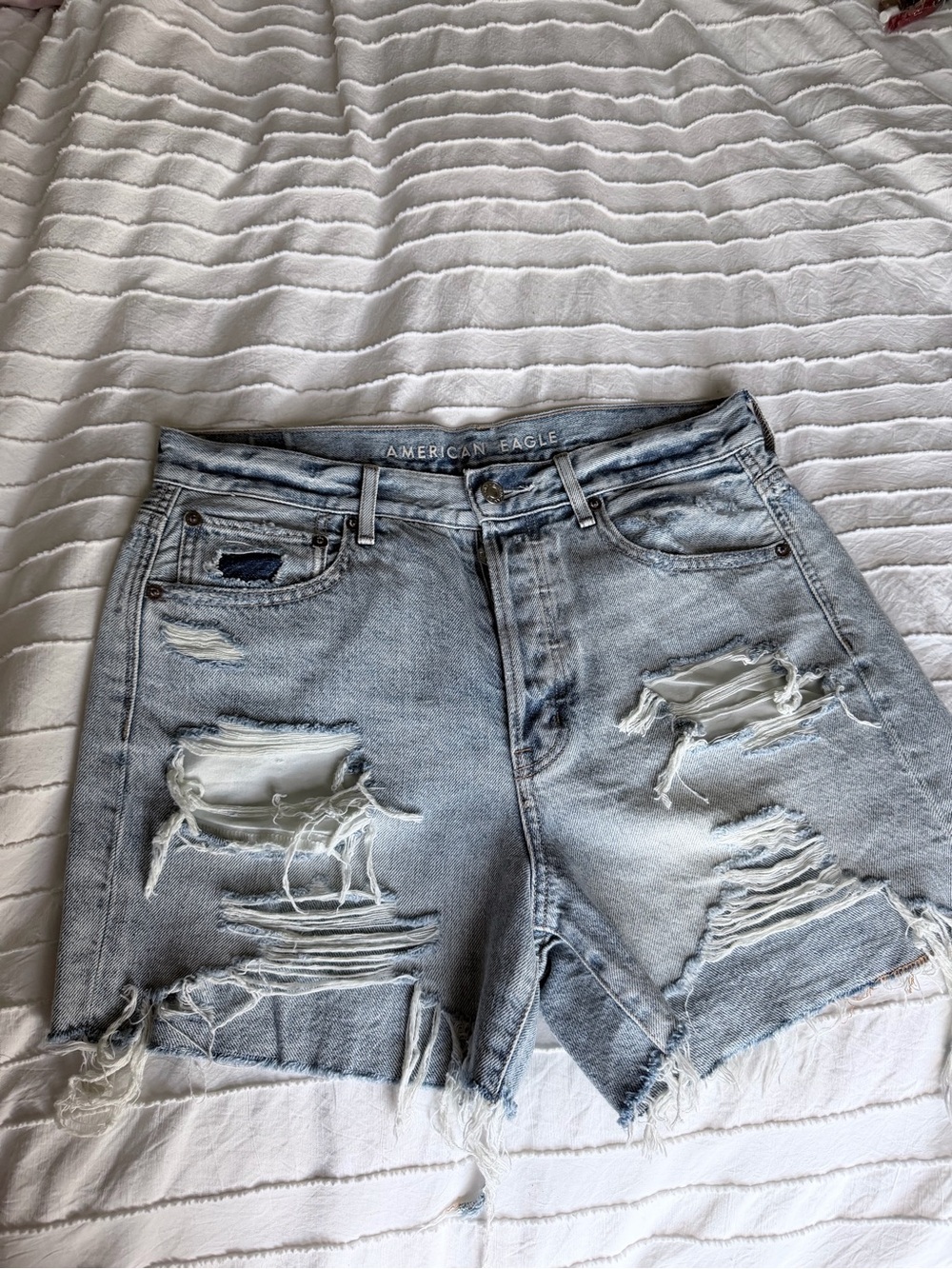 American Eagle Outfitters Light Wash Distressed High Waist Denim Shorts